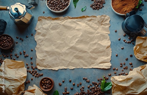 Coffee beans scattered on a textured surface with brewing equipment and paper...