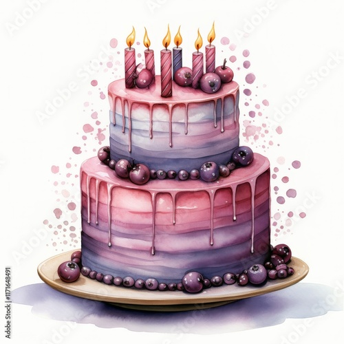 Celebration cake with candles and decorations in shades of purple and pink fo...