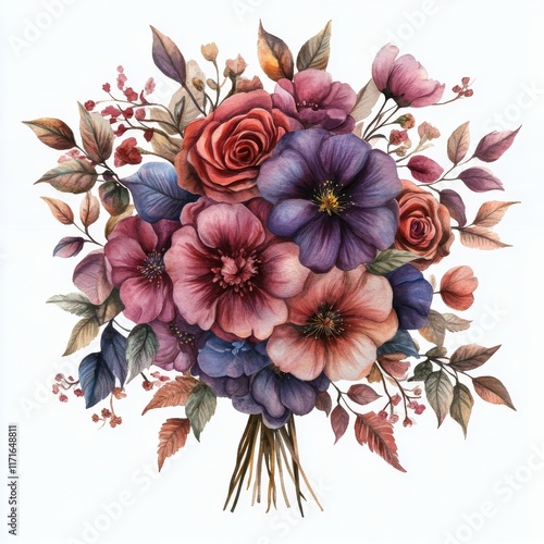 Beautiful watercolor bouquet featuring various roses and greenery in soft pas...
