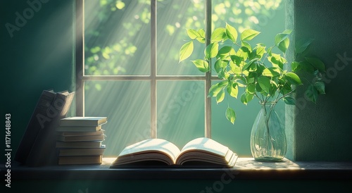 Sunlight streams through a window illuminating an open book and potted plant ...
