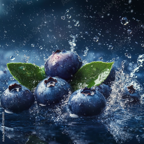 Fresh blueberries with water droplets on dark background during a still life ...