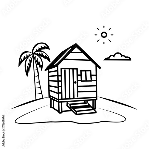 Hand drawn icon of a beach hut with a palm tree and sun