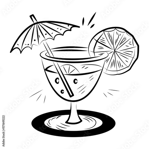 Hand drawn icon of a cocktail with an umbrella and a slice of lemon