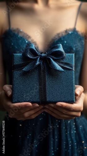 Beautifully wrapped gift held by a person with a blue ribbon in a soft indoor...
