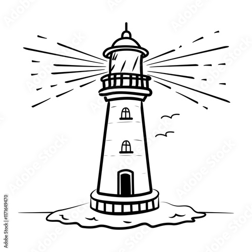 Hand drawn icon of a lighthouse with a beam of light shining out