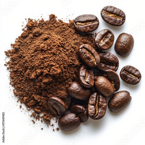 Rich coffee beans and ground coffee scattered on a white surface