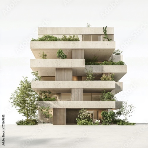 Modern architectural design featuring layered structure with greenery in urba...