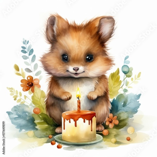Cute puppy with a candle surrounded by flowers in a whimsical setting at a fe...
