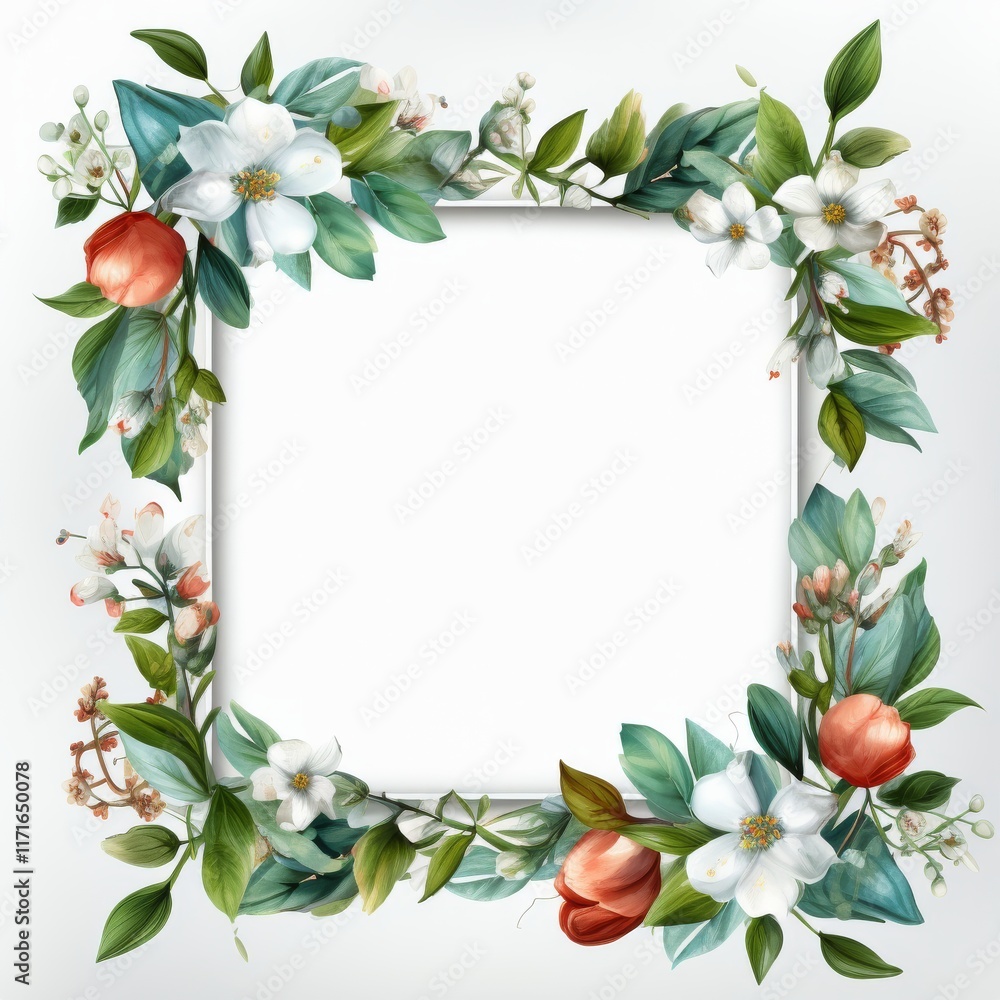 Fototapeta premium Floral wreath with bunny, blooms, and greenery suitable for spring or Easter celebration