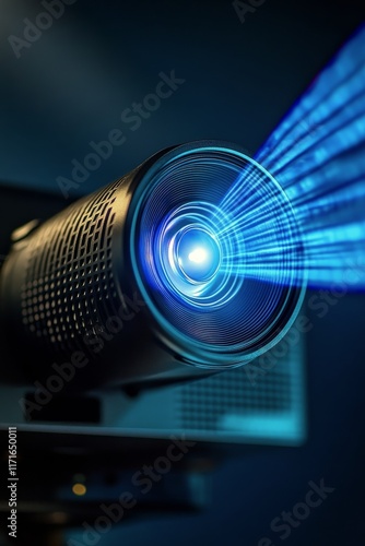 High-Tech Laser Projector Casting Bright Blue Beams in a Dark Room