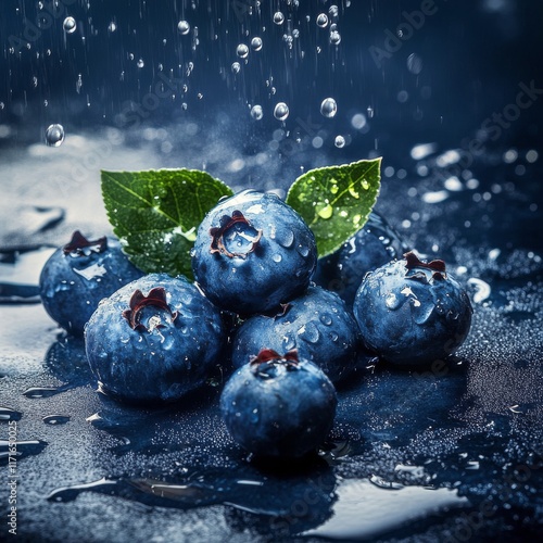 Fresh blueberries with water droplets on dark background during a still life ...