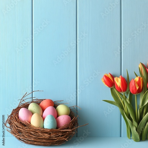 Nest with colored eggs and pink tulips against a light blue background in spring