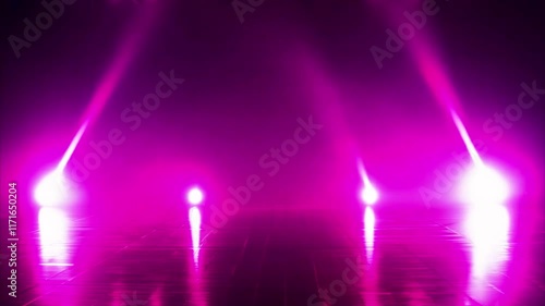 dark stage, dynamic white neon spotlights, mesmerizing light display with vibrant beams and swirling patterns

