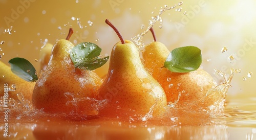 Fresh yellow pears splashing in water with green leaves creating an artistic ...