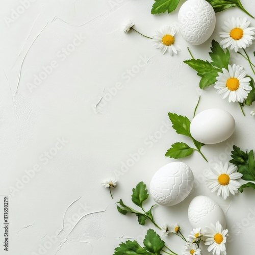 Fresh white eggs and herbs arranged with flowers on a light background for a ...