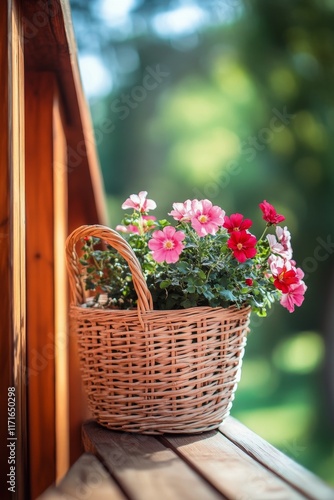 Brightly colored flower basket on a wooden railing during sunset