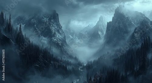 Mystical landscape with dark pine forests and misty mountains during twilight...