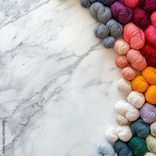 Collection of colorful yarn balls arranged on a marble surface for crafting a...