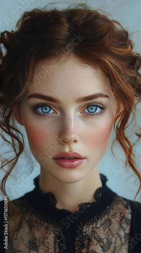Captivating portrait of a young woman with striking blue eyes framed by a rus...