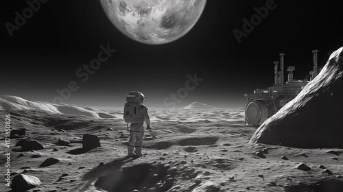 An astronaut walking on the surface of the moon on the background. photo