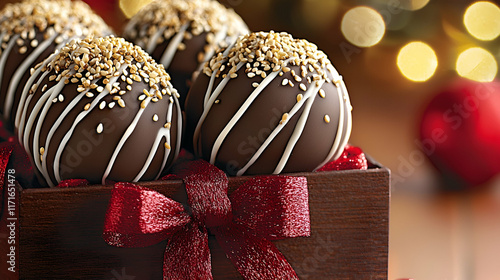 Delicious chocolate truffles adorned with white drizzle and nuts, presented in a festive wooden box with a red ribbon against a warm, blurred background. photo