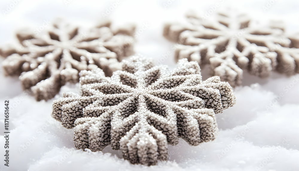Close-up of three delicate, silver snowflake ornaments resting on fresh snow. Perfect for winter, holiday, or Christmas themes. Close-up of three delicate, silver snowflake ornaments resting on fresh snow. Perfect for winter, holiday, or Christmas themes.