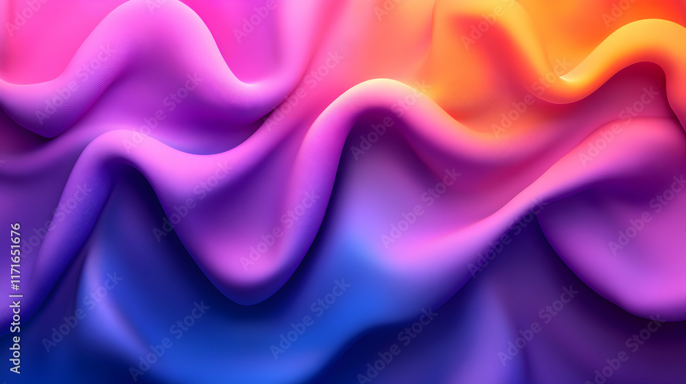 Obraz premium Abstract vibrant gradient background of flowing, wavy fabric in shades of purple, pink, and orange. Ideal for website banners, presentations, and design projects.