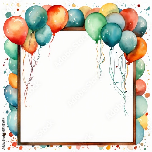 Colorful balloons surrounding an empty frame for celebrations or events