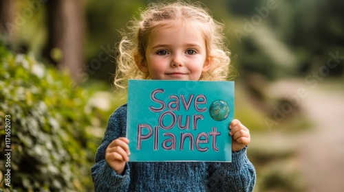 Child Holding Save Our Planet Poster at School Eco Project Event for Environmental Awareness and Education photo