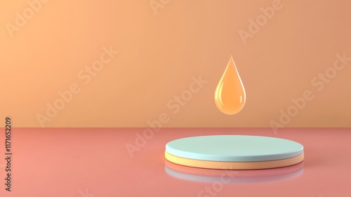 A soft-colored drop of liquid hovers above a circular platform, creating a serene and minimalist composition.