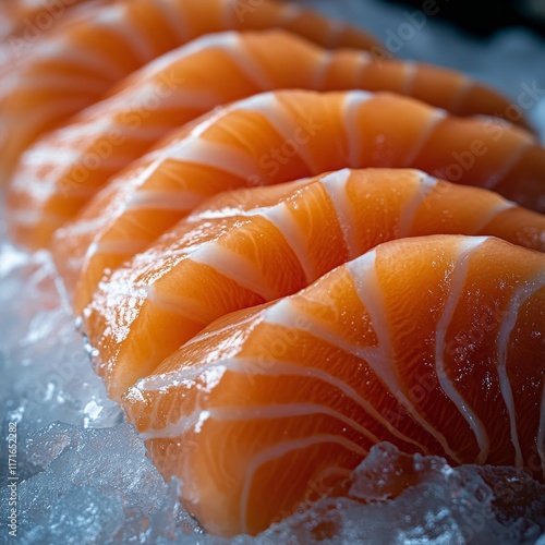 Freshly sliced salmon sushi arranged elegantly on ice with garnishing
