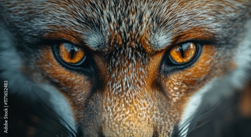 Close-up of a fox showcasing striking amber eyes and intricate fur patterns i...