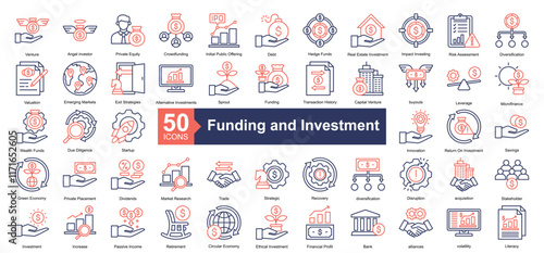 Funding and Investment Icon Collection Set.Containing venture, angel investor, private equity, crowdfunding, debt, hedge funds icon. Simple dual tone style Vector Illustration.