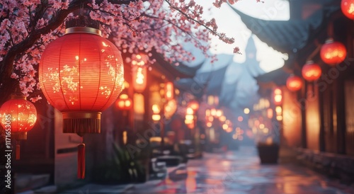 Lanterns illuminate a traditional street during twilight in an ancient city