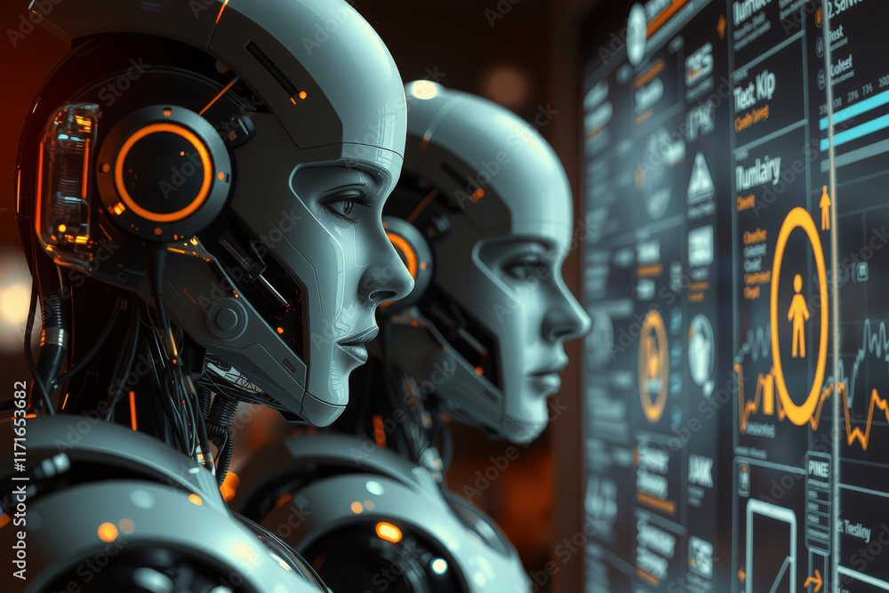 Fototapeta premium Two futuristic robots analyze data digital screen, showcasing advanced technology and artificial intelligence modern setting. scene is illuminated by ambient lighting, highlighting sleek design of