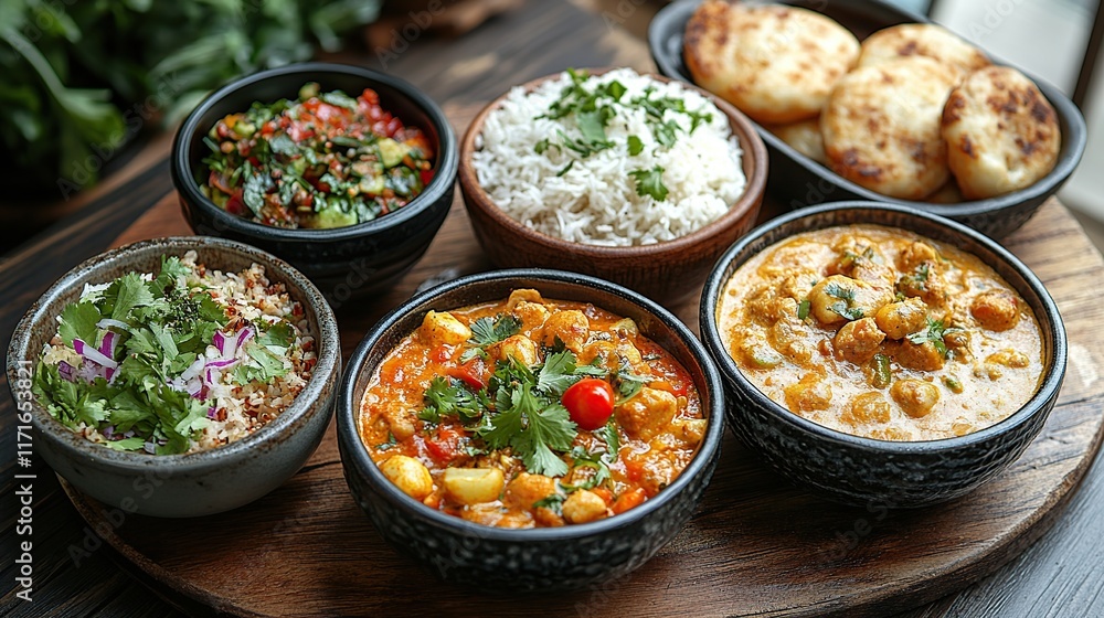 Diverse Indian dishes, including curries, rice, and bread, arranged on a wooden platter. Diverse Indian dishes, including curries, rice, and bread, arranged on a wooden platter.