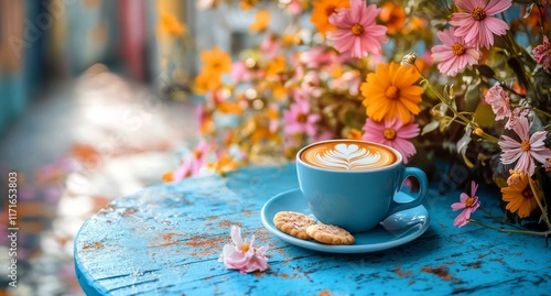Coffee cup with flower and cookie on blue table surrounded by vibrant blooms ...