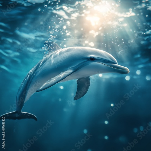 Dolphin swimming gracefully underwater in bright sunlight near the ocean surface