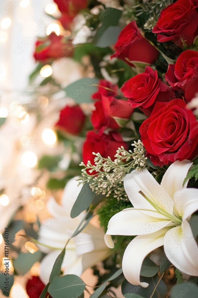 White lily and red roses creating stunning floral arrangement White lily and red roses creating stunning floral arrangement