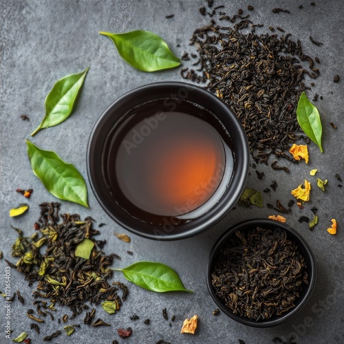 Warm cup of black tea surrounded by loose leaves and fresh herbs on a texture...