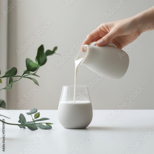 Pouring fresh milk into glasses on a white surface with green plant in the ba...