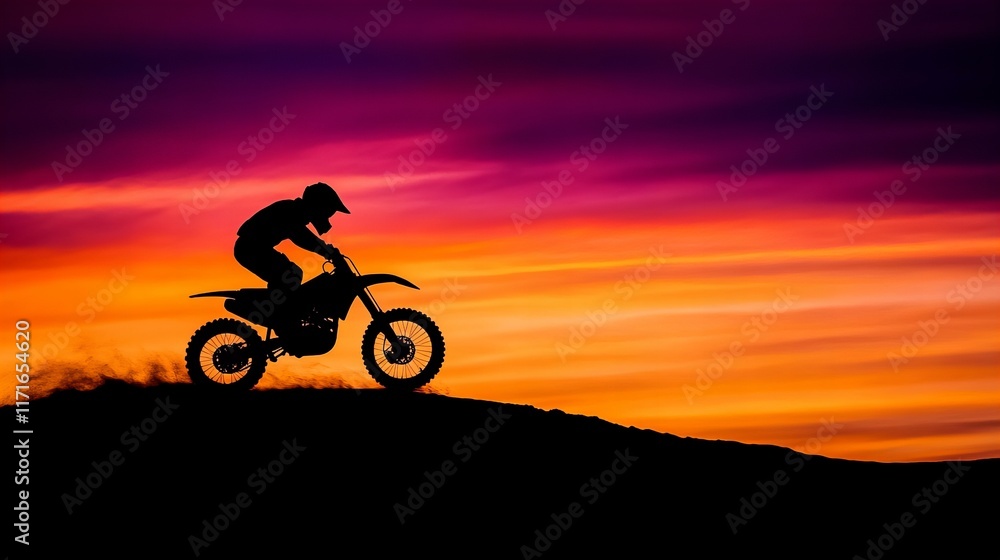 Silhouette of a motocross rider speeding across the landscape at sunset. Vivid oranges and purples paint the sky. Silhouette of a motocross rider speeding across the landscape at sunset. Vivid oranges and purples paint the sky.
