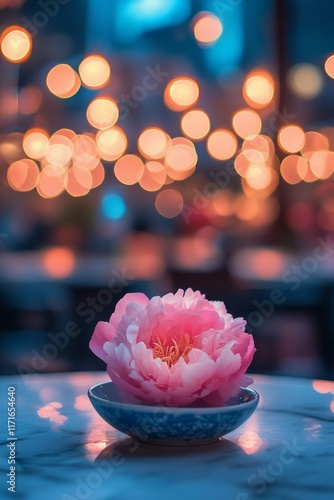 Beautiful pink peony flower stands out against a backdrop of warm bokeh light...