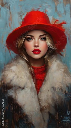 Elegant woman in a luxurious fur coat and red hat poses confidently indoors
