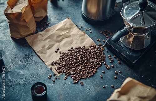 Coffee beans scattered on a textured surface with brewing equipment and paper...