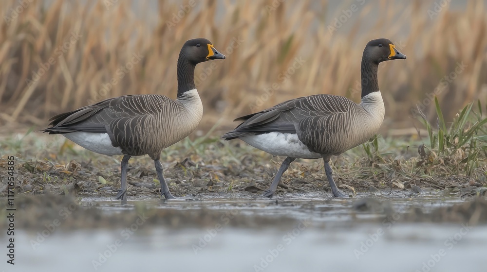 Two geese walking in a wetland area among tall grasses. Two geese walking in a wetland area among tall grasses.
