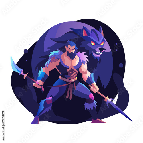 A flat character illustration of warrior wolf