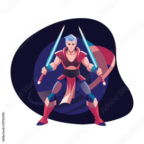 Dual swordsman character illustration in flat style