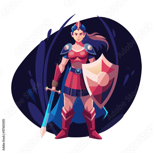 Female knight with sword and armour, flat illustration