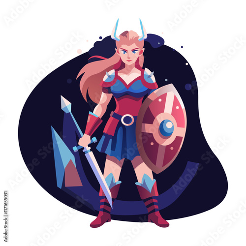 Valkyrie character with weapons, flat style illustration